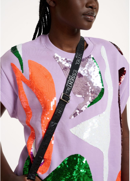 Essentiel Antwerp Off-white short-sleeved sweatshirt with multicolor sequin embroideries